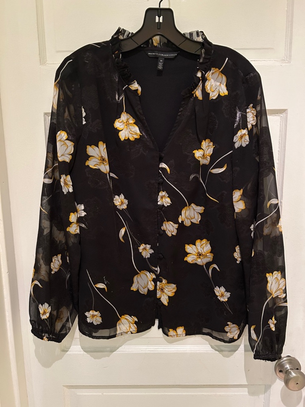 White House Black Market Black Floral Ruffled V-Neck Blouse